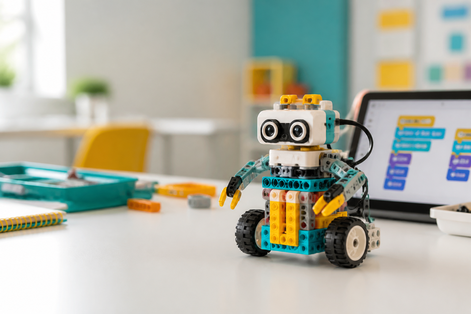 Kolorowy robot z klocków na stole podczas zajęć z robotyki