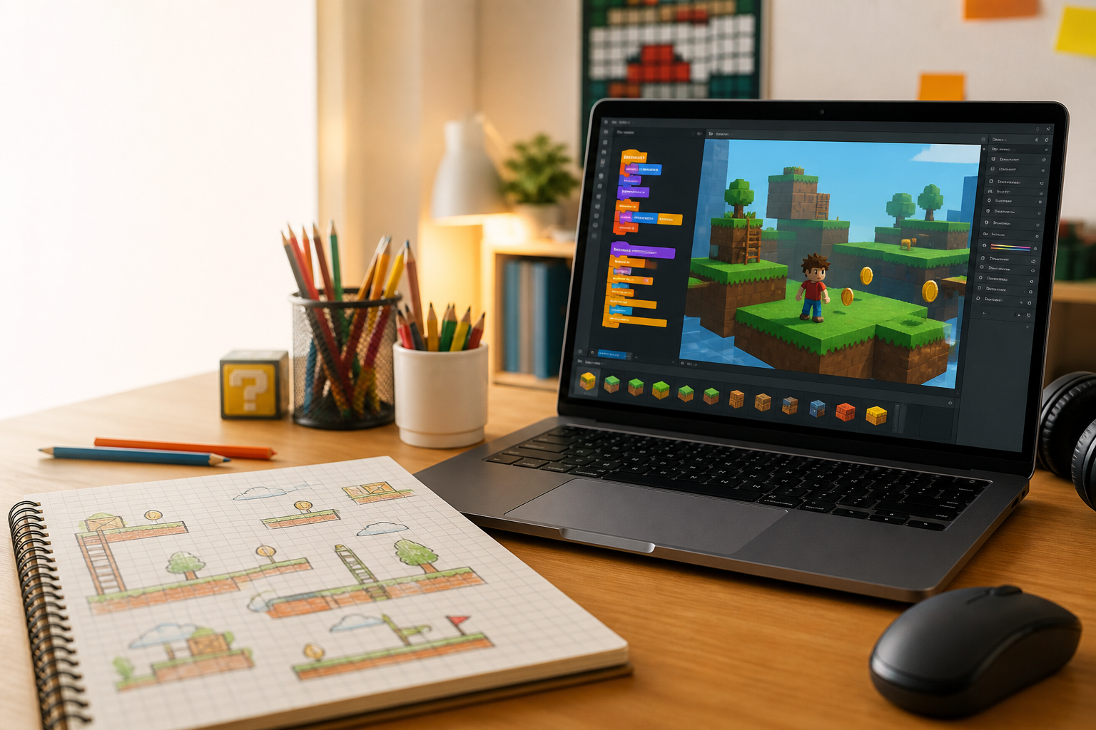 Laptop z projektem gry platformowej i szkicami poziomów